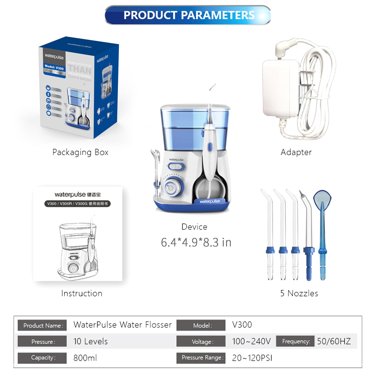 Water Flosser Oral Irrigator with 10 Adjustable Water Jet Pressures, 800ml Capacity