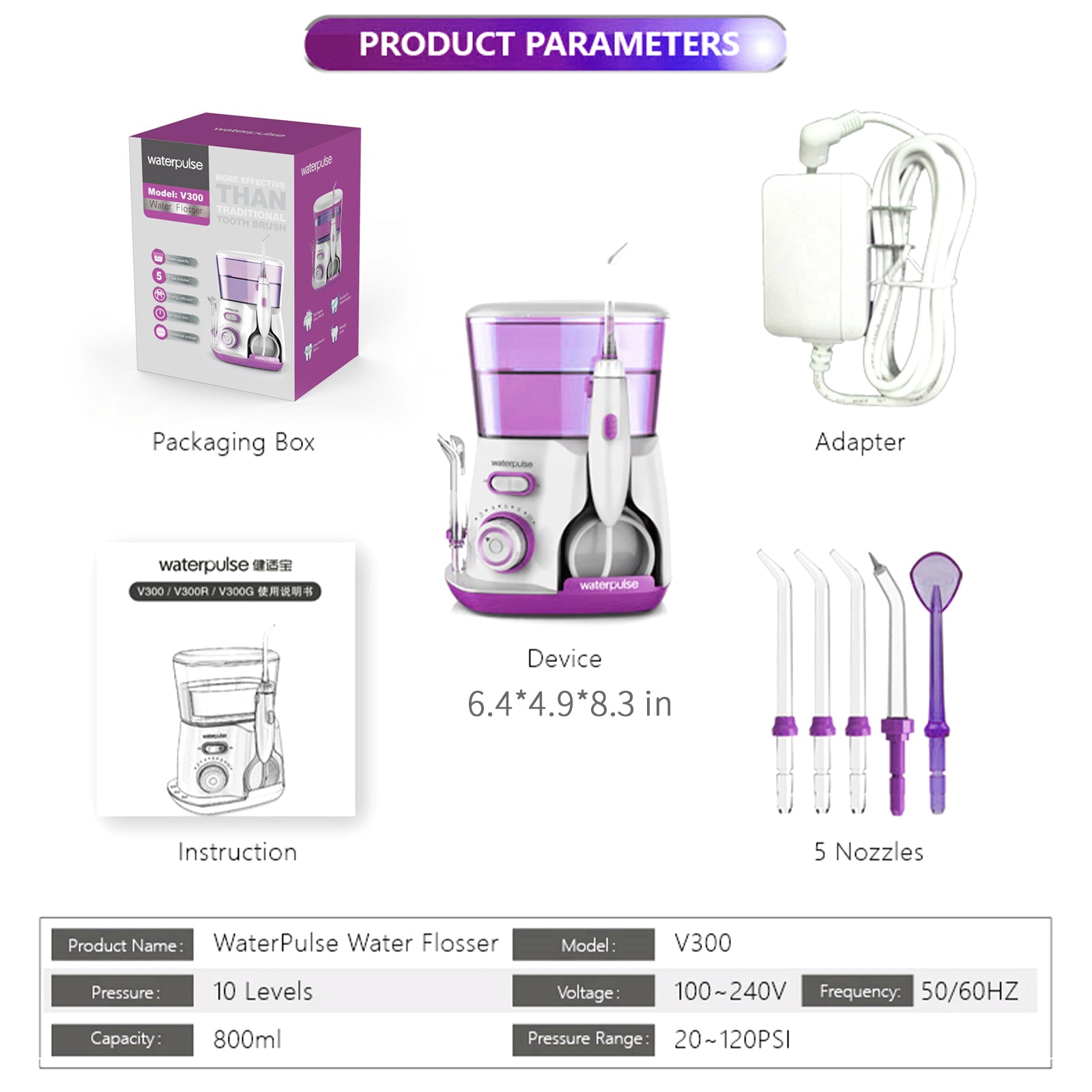 Water Flosser Oral Irrigator with 10 Adjustable Water Jet Pressures, 800ml Capacity